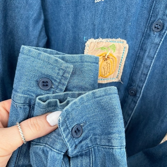 Women’s Lee Denim Fall Patchwork Embroidered Button Down Size Large 100% Cotton - Picture 4 of 6